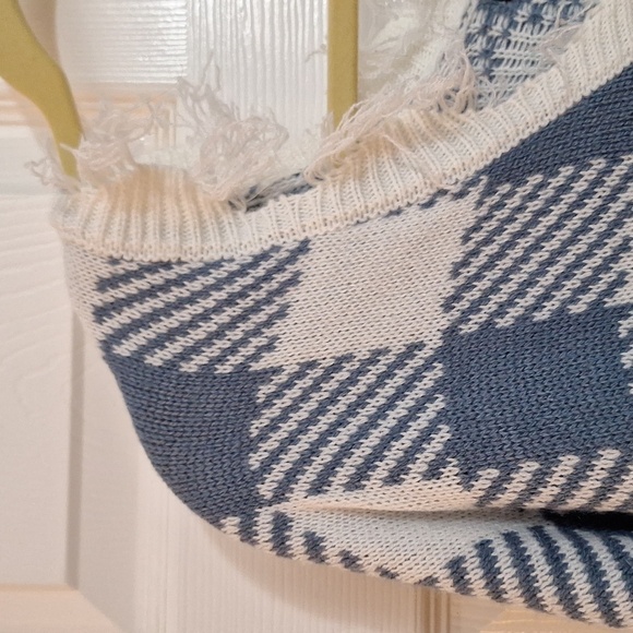 NWOT JUST POLLY New York plaid BLUE WHITE frayed pullover sweater XLG - Picture 4 of 13